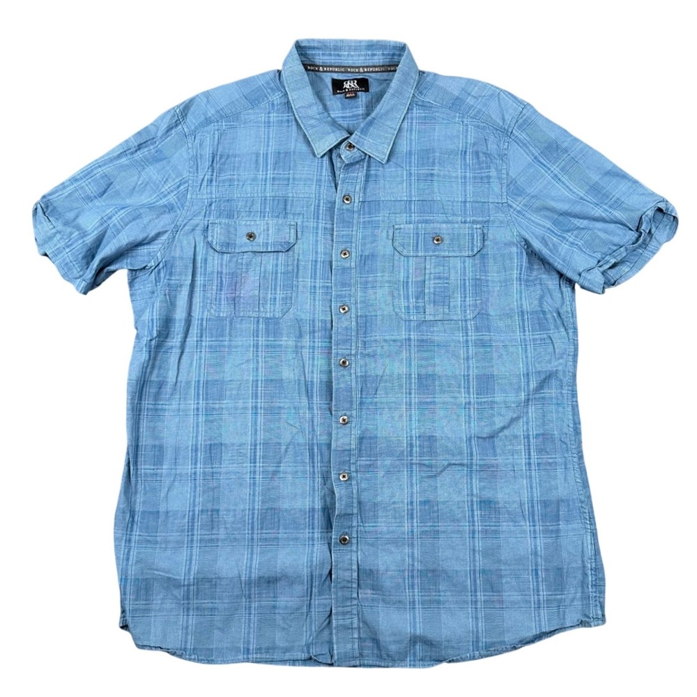 Rock & Republic Shirt Mens XXL Blue Plaid Short Sleeve Button Down‎ Cotton Shirt
